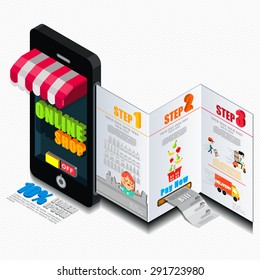 Digital brochure, Online shopping e-commerce on Mobile application, Online Marketing, Vector illustration. 