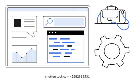 Digital browser window with text, graph, and search elements beside a briefcase and gear icon. Ideal for technology, business, productivity, web development, organization, leadership, and efficiency