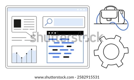 Digital browser window with text, graph, and search elements beside a briefcase and gear icon. Ideal for technology, business, productivity, web development, organization, leadership, and efficiency