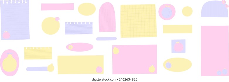 Digital bullet journal blank paper notes. Cute pastel text boxes for digital planning. Fruits sticky notes for digital planner and organizer. Vector illustration