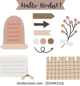 Digital bullet journal note papers and stickers. "Hallo Herbst!" hand drawn vector lettering in German, in English means "Hello Fall or Autumn!". Vector art