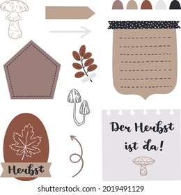 Digital bullet journal note papers and stickers. "Der Herbst ist da!" hand drawn vector lettering in German, in English means "The Fall or Autumn is here!". Vector art