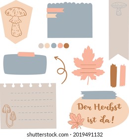 Digital bullet journal note papers and stickers. "Der Herbst ist da!" hand drawn vector lettering in German, in English means "The Fall or Autumn is here!". Vector art