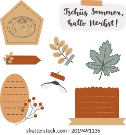 Digital bullet journal note papers and stickers. "Tschüs Sommer, hallo Herbst!" hand drawn vector lettering in German, in English means "Bye Summer, hello Autumn!". Vector art