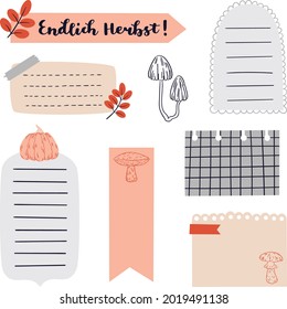 Digital bullet journal note papers and stickers. "Endlich Herbst!" hand drawn vector lettering in German, in English means "Finally Fall!". Vector art