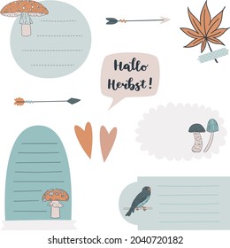 Digital bullet journal note papers and stickers. "Hallo Herbst!" hand drawn vector lettering in German, in English means "Hello Fall!". Vector art