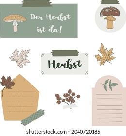 Digital bullet journal note papers and stickers. "Der Herbst ist da!" hand drawn vector lettering in German, in English means "The Fall or Autumn is here!". Vector art