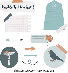 Digital bullet journal note papers and stickers. "Endlich Herbst!" hand drawn vector lettering in German, in English means "Finally is Fall!". Vector art