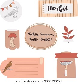 Digital bullet journal note papers and stickers. "Tschüs Sommer, hallo Herbst!" hand drawn vector lettering in German, in English means "Bye Summer, hello Autumn!". Vector art