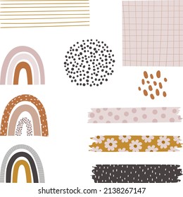 Grabación digital de balas. Notas de papel en blanco aisladas, cintas washi y más. Decoración estilo Boho. Arte vectorial