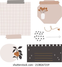 Grabación digital de balas. Notas de papel en blanco aisladas, plantas y más. Decoración estilo Boho. Arte vectorial