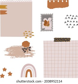 Digital bullet journaling. Paper notes, stickers, banners, flags, washi tapes and other decor. Boho style planner decor. Vector art