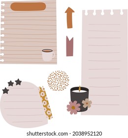 Digital bullet journaling. Paper notes, stickers, banners, flags, washi tapes and other decor. Boho style planner decor. Vector art