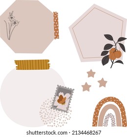 Grabación digital de balas. Notas de papel, pegatinas, pancartas, sellos, cintas de washi, plantas, banderas. Decoración estilo Boho. Arte vectorial