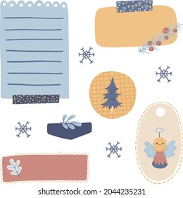 Digital bullet journaling and snail mailing. Blank paper notes, stickers, washi tapes, tages, snowflakes. Vector art