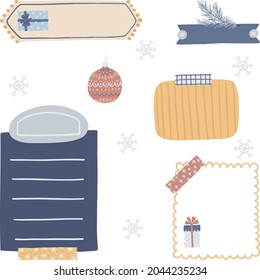 Digital bullet journaling and snail mailing. Blank paper notes, stickers, washi tapes, tages, snowflakes. Vector art