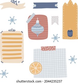 Digital bullet journaling and snail mailing. Blank paper notes, stickers, washi tapes, tages, snowflakes. Vector art