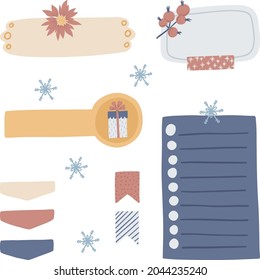 Digital bullet journaling and snail mailing. Blank paper notes, stickers, washi tapes, tages, snowflakes. Vector art