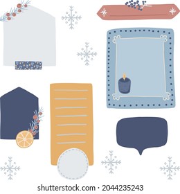 Digital bullet journaling and snail mailing. Blank paper notes, stickers, washi tapes, tages, snowflakes. Vector art