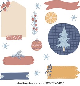 Digital bullet journaling and snail mailing. Blank paper notes, stickers, washi tapes, tags in winter theme. Vector art
