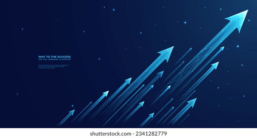 Digital bunch of glowing arrows up diagonally. Abstract boosting conception of high-speed Internet connection. Light low poly wireframe vector illustration on technology blue background. 