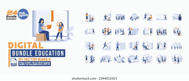 Digital bundle education concept illustration, collection of male and female business people scenes in the digital bundle education scene. mega set flat vector modern illustration