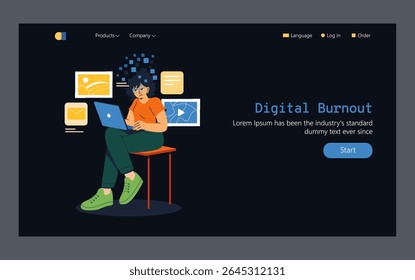 Digital Burnout concept. Representing the overwhelming feelings associated with excessive screen time. Capturing the struggle between productivity and fatigue in a modern digital age. Vector