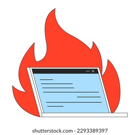 Digital burnout flat line concept vector spot illustration. Laptop on fire 2D cartoon outline object on white for web app UI design. Internet, social media overload editable colorful hero image