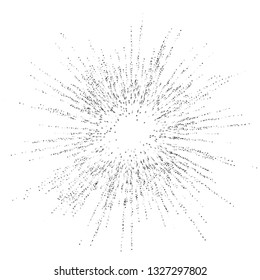 Digital burst pattern with multiple dots. Explosion consist of black particles isolated on white background. Futuristic big data illustration. Abstract dotted concept for galaxy or universe design.