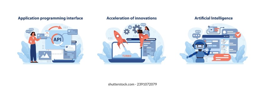 Digital Business advances. Integrating APIs, propelling innovation, and leveraging AI. Pioneering the tech frontier for business solutions. Flat vector illustration.