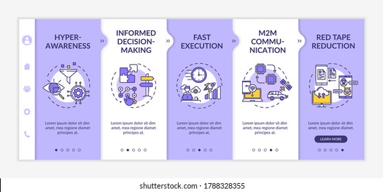 Digital business agility strategy onboarding vector template. Hyper awareness. Fast execution. Responsive mobile website with icons. Webpage walkthrough step screens. RGB color concept