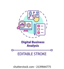 Digital Business Analysis Concept Icon. Review Performance. Advanced Digital Skills Abstract Idea Thin Line Illustration. Isolated Outline Drawing. Editable Stroke. Arial, Myriad Pro-Bold Fonts Used