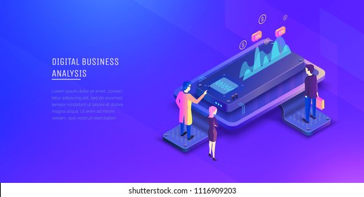 Digital business analysis. Analysis of investments. Business men analyze growth charts. Performance indicators. Modern vector illustration isometric style.