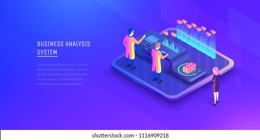 Digital business analysis. Analysis of investments. Business Woman is watching the process of business analysis. Performance indicators. Modern vector illustration isometric style.