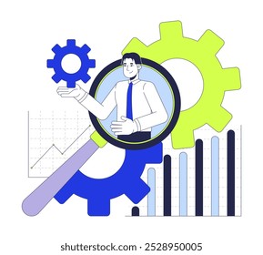 Conceito de ilustração 2D de análise de negócios digitais. Gráficos Cogs. Analista de contabilidade lupa personagem de desenho animado de vidro isolado em branco. Metáfora de análise do concorrente gráfica vetorial plana abstrata
