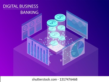 Digital business banking and financial services concept. 3d isometric vector illustration with floating dollar coins and data flow