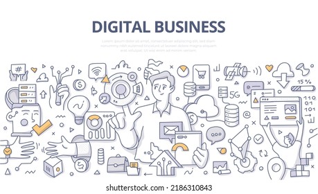 Digital business. Businessman uses technology to add value to business models. Automating workflow, use AI and capture data to optimize business processes. Doodle vector illustration in linear style