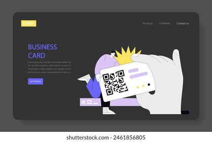 Digital business card concept. A hand presenting a modern business card with a QR code against a web interface background. Networking and technology integration. Vector illustration.