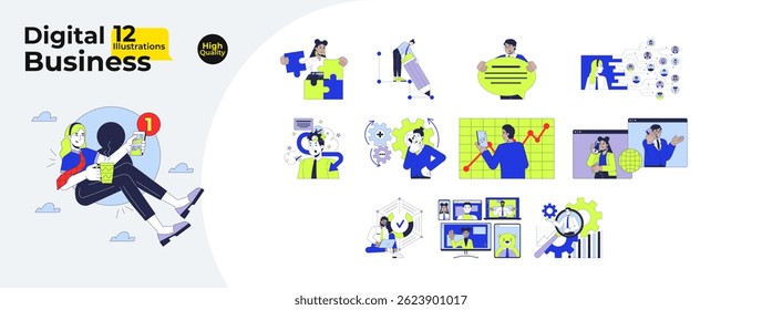 Digital business cartoon flat ilustrações pacote mega. Notificação móvel, trabalho em equipe virtual, análise de produtividade corporativa, imagens 2D isoladas em branco. Desenhos vetoriais de coleção coloridos