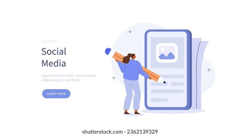 Digital business. Character writing content for social media blog. Business activities concept. Vector illustration.