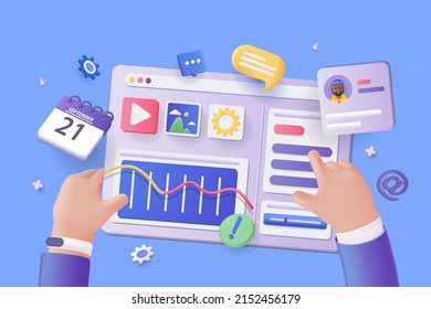 Digital business concept 3D illustration. Icon composition with businessman interact with dashboard with graphs, advertising campaign indicators, clients. Vector illustration for modern web design