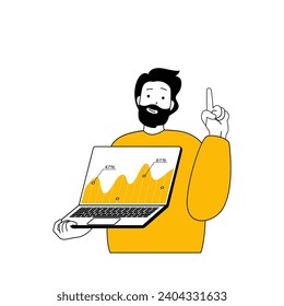 Digital business concept with cartoon people in flat design for web. Man analyzing financial statistics and working with company data. Vector illustration for social media banner, marketing material.