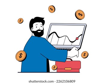 Digital business concept with character situation. Businessman develops and improves company, optimizes investments and analyzes data. Vector illustrations with people scene in flat design for web