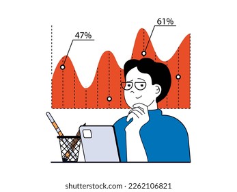 Digital business concept with character situation. Businessman analyzes e-business data and working with statistics, developing startup. Vector illustrations with people scene in flat design for web