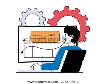 Digital business concept with character situation. Businessman analyzes income and explores market trends, develops and improves startup. Vector illustrations with people scene in flat design for web