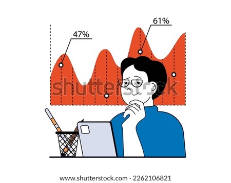 Digital business concept with character situation. Businessman analyzes e-business data and working with statistics, developing startup. Vector illustrations with people scene in flat design for web