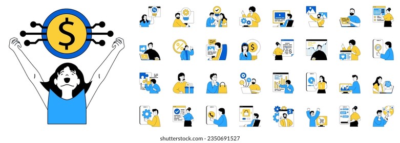 Digital business concept with character situations mega set. Bundle of scenes people developing e-business and e-commerce, creating digital content and other. Vector illustrations in flat web design