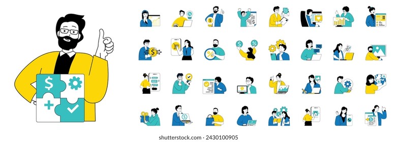 Digital business concept with character situations mega set in flat web design. Bundle of scenes people developing e-business, chatting with clients, make advertising online. Vector illustrations.