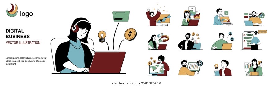 Digital business concept with character situations mega set in flat web design. Bundle of scenes people creating marketing strategy, analyzing data, making e-commerce shop. Vector illustrations.