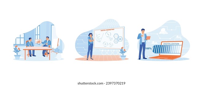 Digital business concept. Discuss business developments using digital tablets. Digital marketing. Digital world concept. set trend modern vector flat illustration